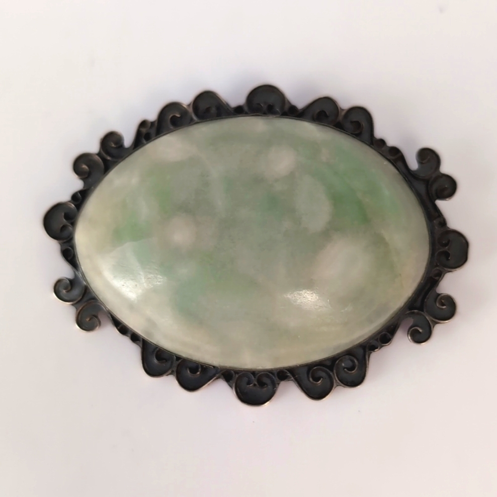 Vintage Sterling Silver Oval Cabochon Green Stone Agate ? Brooch Pin - Mexico - Picture 2 of 11
